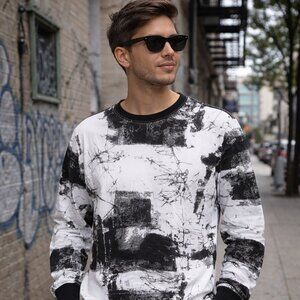KLIEGOU Mens Small Black White Abstract Print Long Sleeve Streetwear Top